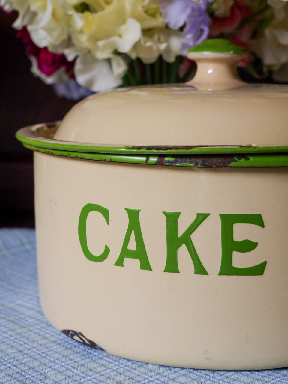 Vintage Green Rim Enamel Cake Tin