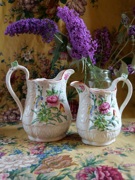 Pair of Antique Staffordshire Floral Relief Jugs