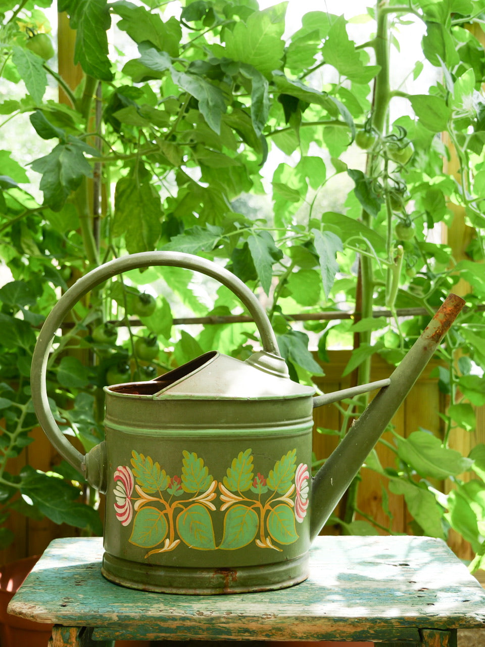 Vintage Hand Painted Green Watering Can