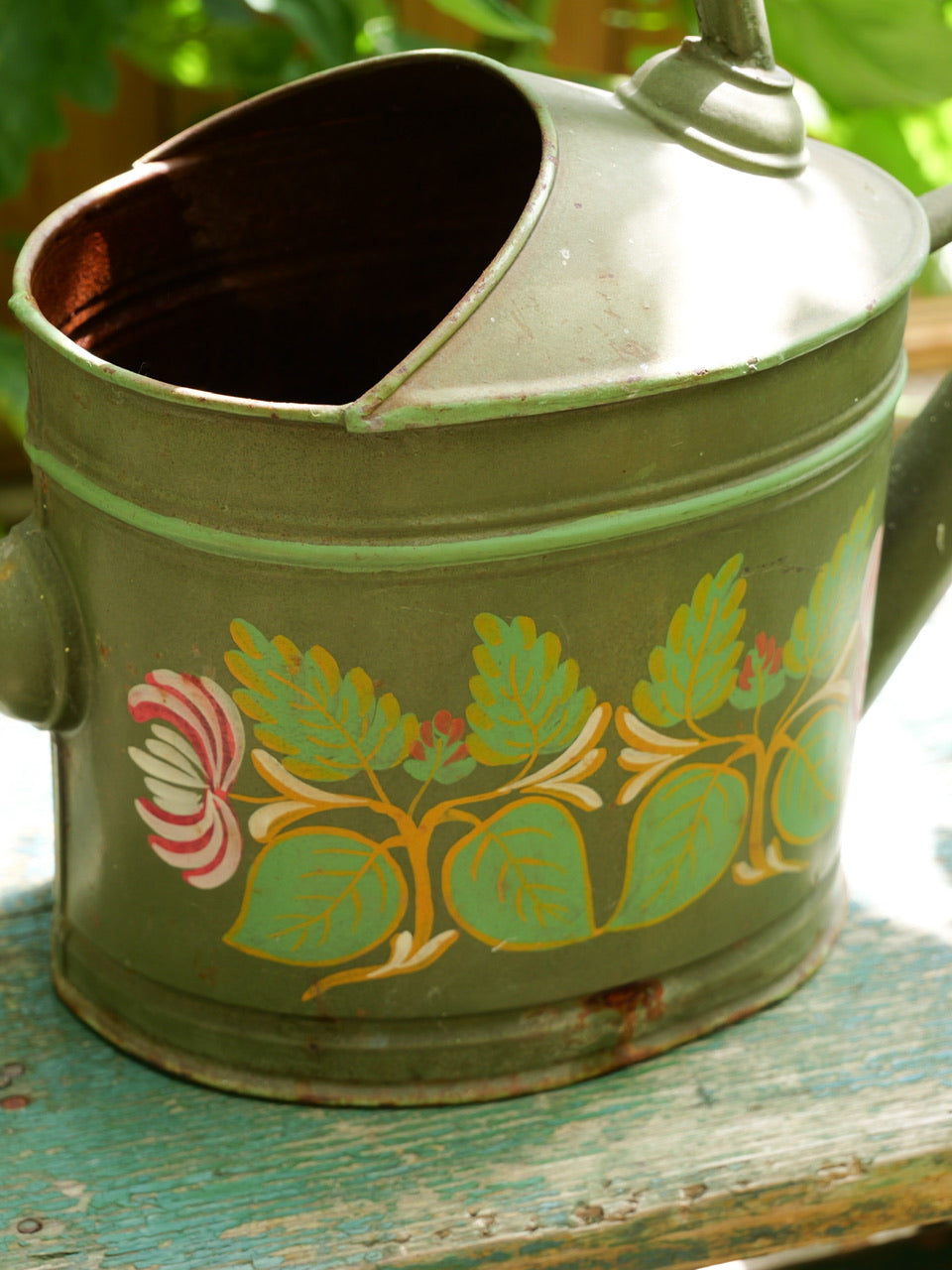 Vintage Hand Painted Green Watering Can