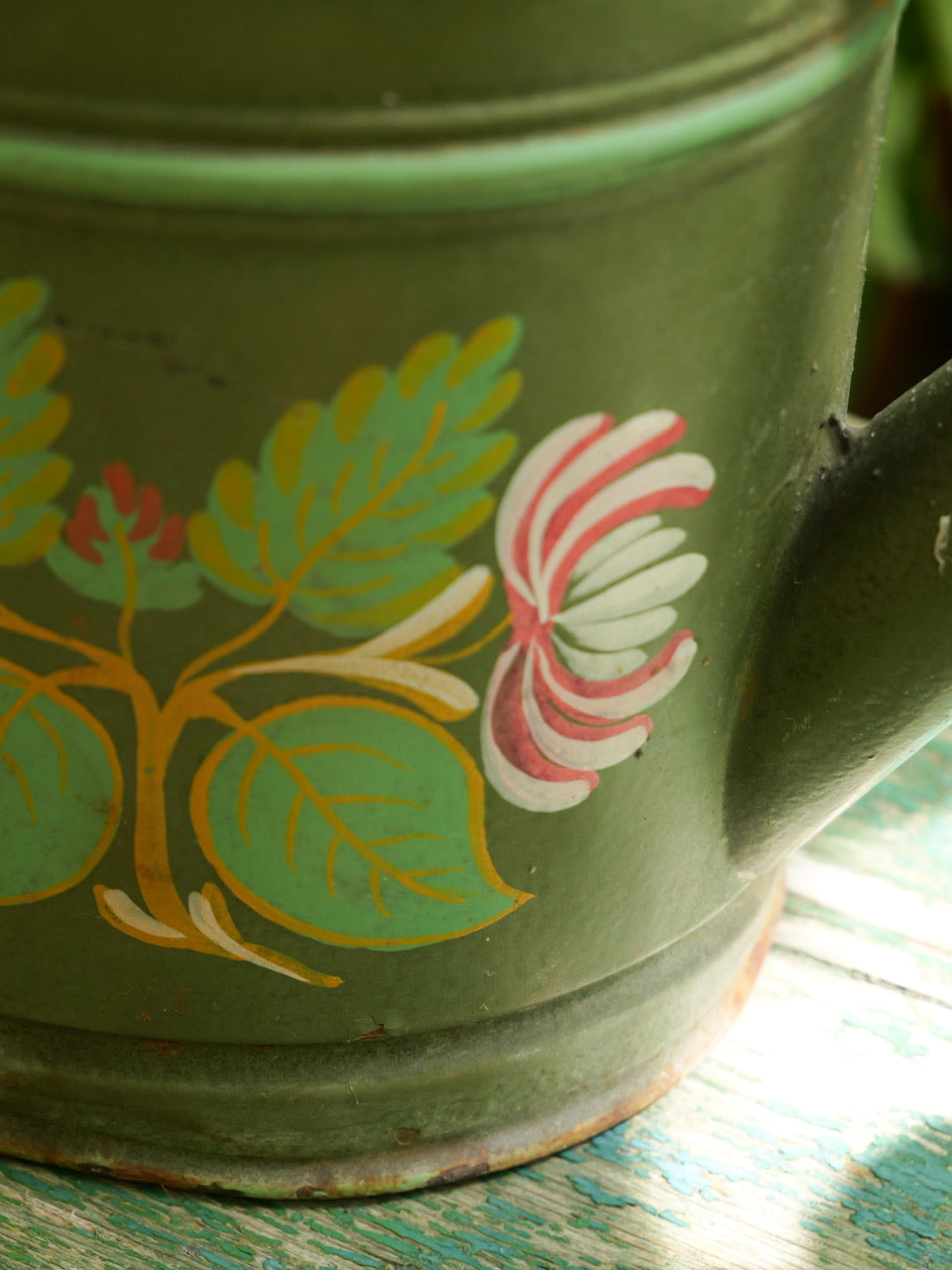 Vintage Hand Painted Green Watering Can