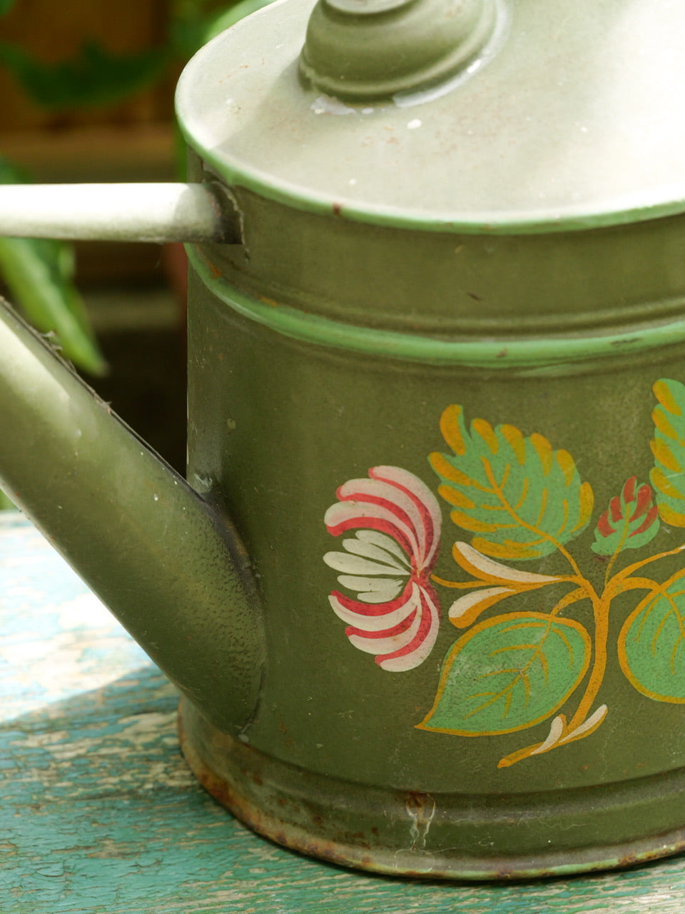 Vintage Hand Painted Green Watering Can