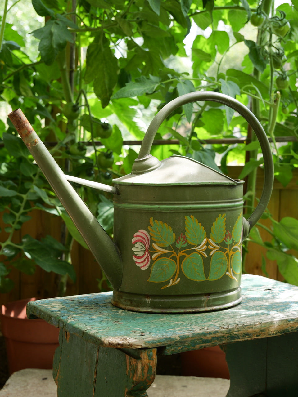 Vintage Hand Painted Green Watering Can