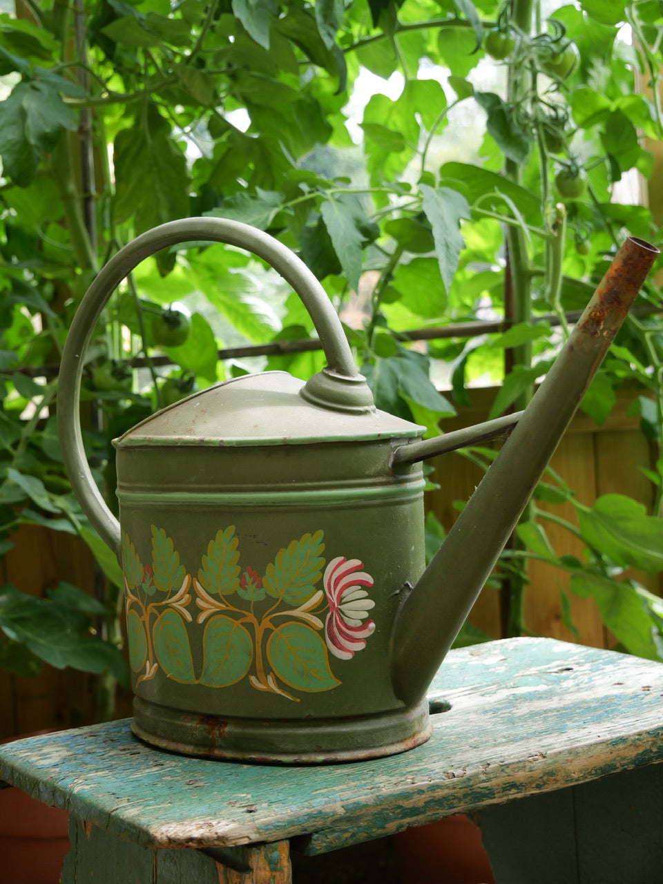 Vintage Hand Painted Green Watering Can