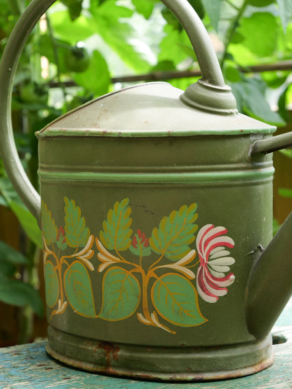 Vintage Hand Painted Green Watering Can