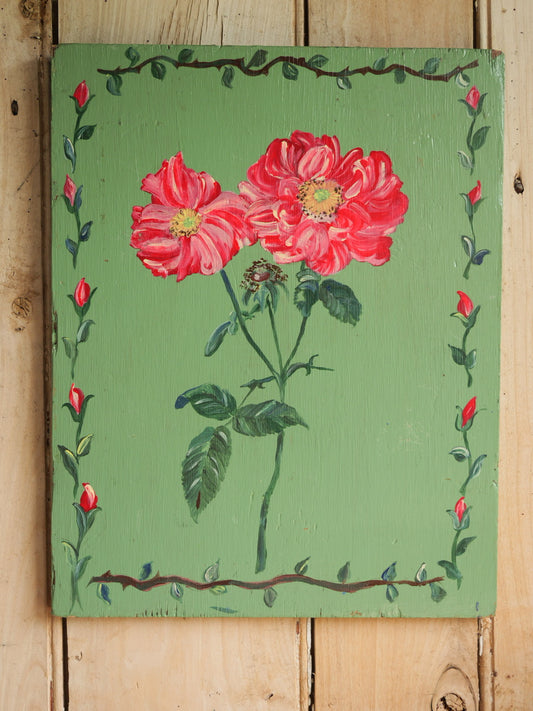 Vintage Folk Style ‘Peony’ Painted Wood Panel