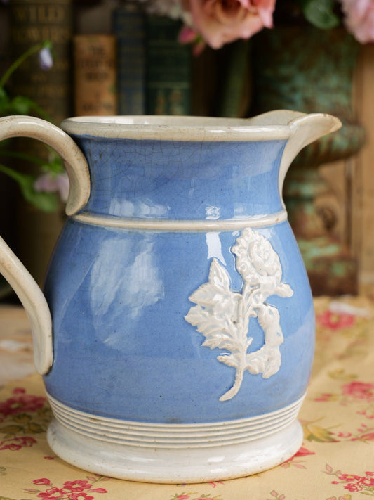 Antique Blue Relief Moulded Floral Sprig Jug