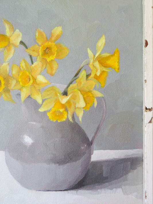 ‘Yellow daffodils in a grey jug’ - Original framed oil painting